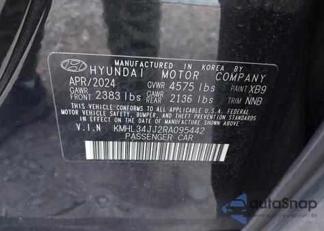 2024 Hyundai Sonata Hybrid Sel from USA, damaged, VIN KMHL34JJ2RA095442